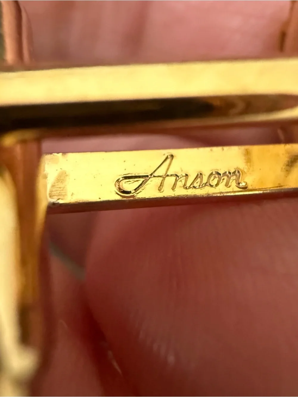 Vintage ANSON Gold-tone Faux Jade Green Stone Cabochon Mesh Cufflinks
